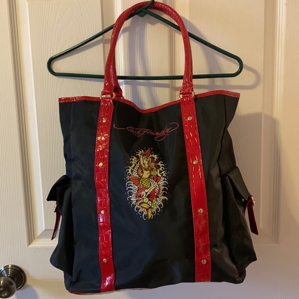 Ed Hardy Vintage Y2K Mermaid Tattoo Design Nylon Tote Black Red